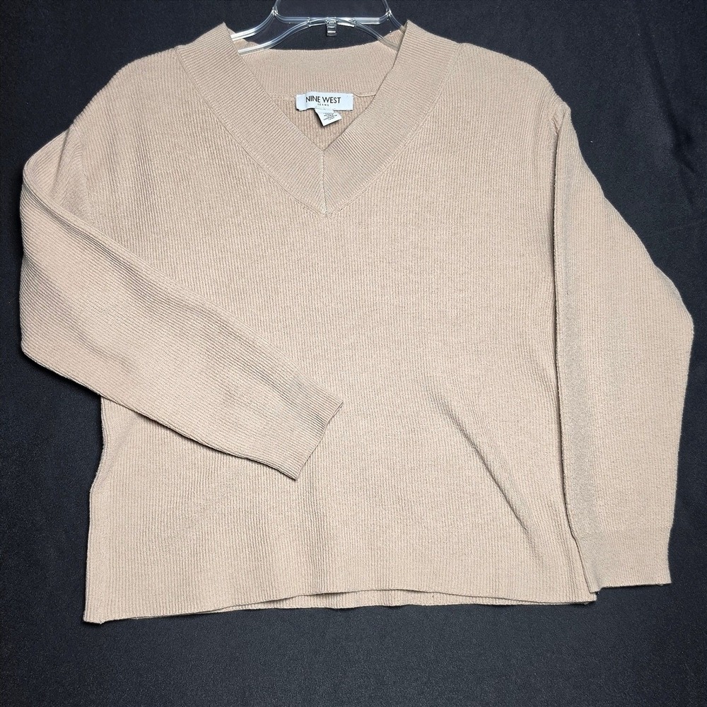 Nine West Jeans Womens Oatmeal Beige Ribbed V-Neck Long Sleeve Sweater Size M